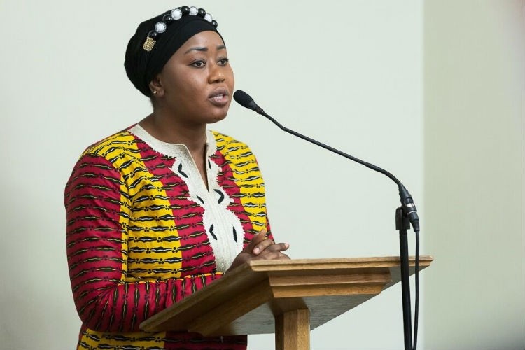 Awa Bamba from the Women’s School of Leadership in Côte d’Ivoire addresses MPs at a Fairtrade reception in the Houses of Parliament. Pic: Fairtrade Foundation