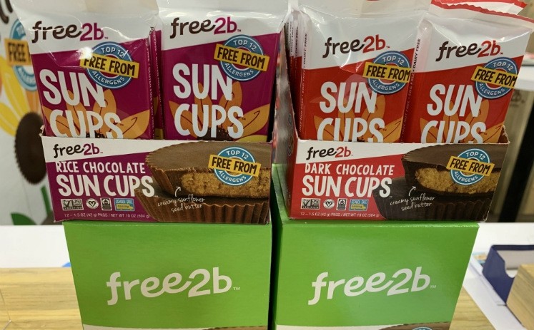 Free2b's sunflower chocolate cups were one of many allergen-friendly chocolates showcased at Expo West in Anaheim, March 6-9, 2019. Pic: K. Sherred