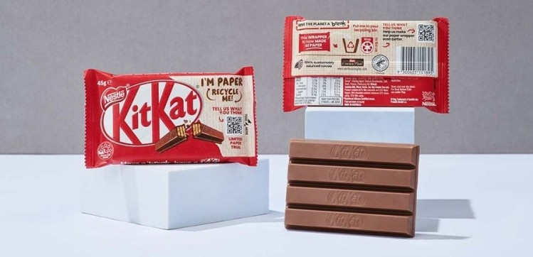 KitKat is introducing recyclable paper packaging as a pilot test for the brand, along with rolling out its vegan alternative. Pic: Nestlé
