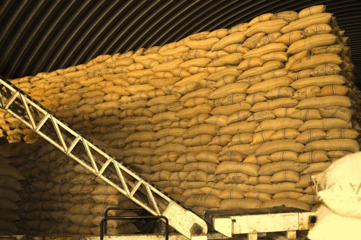Sacks of cocoa beans are stacked ready for export in a Ghana warehouse. Pic: COCOBOD