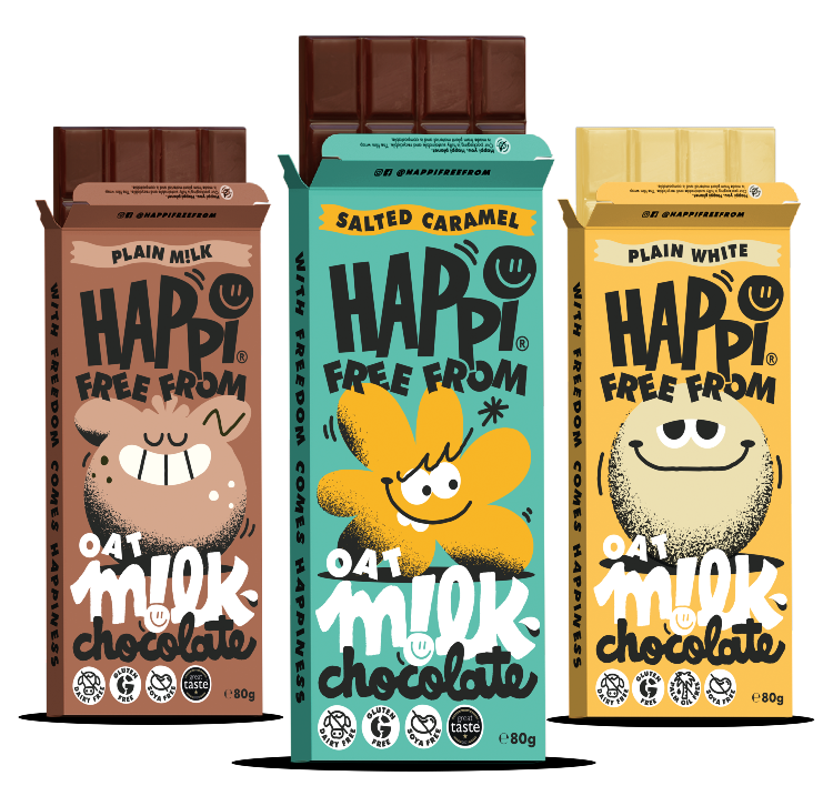 Three HAPPi SKUs - Plain M!lk, Salted Caramel and White - are now available in Tesco in the UK. Pic: HAPPi 