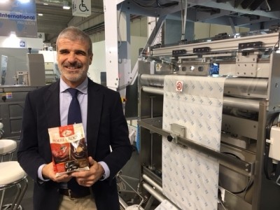 Ettore Ferrario, area sales manager, Hayssen Flexible Systems, holding Boeri & Rocket chocolate by Rovelli. 