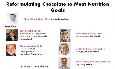 R&D and nutrition experts from Mondelēz, Nestlé, Olam Cocoa and Barry Callebaut discuss chocolate reformulation next week