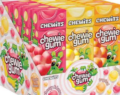 Chewits-branded ‘Chewie Gum’ in three flavors: Tropical, Strawberry & Banana and Lemon.