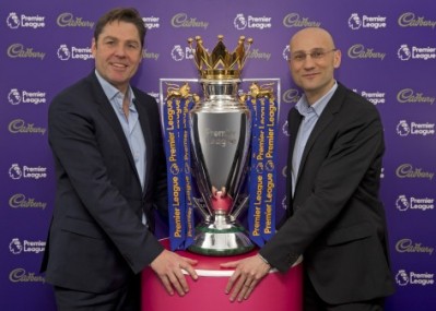 Richard Masters, Premier League MD and Francesco Vitrano, Cadbury brand director, celebrate Cadbury's three-year sponsorship deal from start of 2017/18 Premier League season. Photo: MDLZ