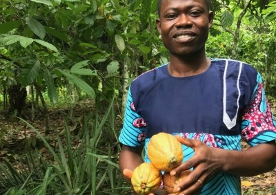 John Narh Adamnor with freshly harvested cocoa pods from the farm next to ABOCFA's office. Pic: Kristy Leissle