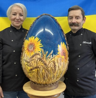 Master Chocolatier Emma Baravelli with the special Easter egg created to raise money for the Red Cross. Pic: Barvelli