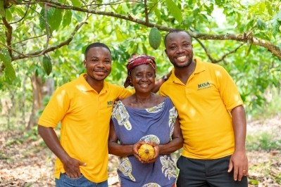 Cocoa farmer Faustina with Koa workers Justice and Sammy. Pic: Koa